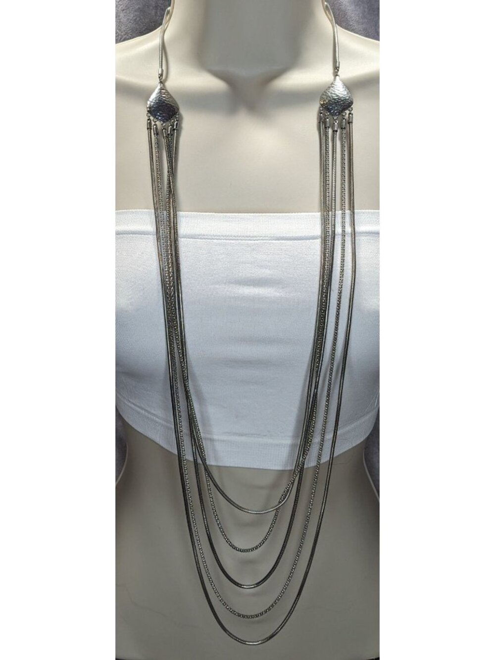 Modern Elegant Jules Long Layered Silver-Tone Necklace With Hammered Detail